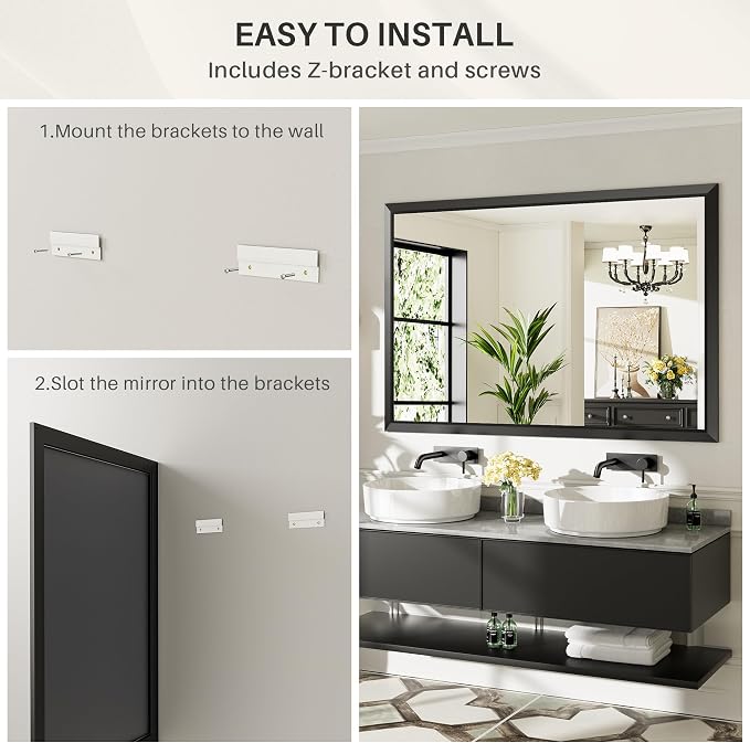 Black Metal Framed Bathroom Wall Mirror, 72x32 Inch | Anti-rust, HD tempered glass, for bathroom vanity, bedroom, living room, horizontal or vertical mount