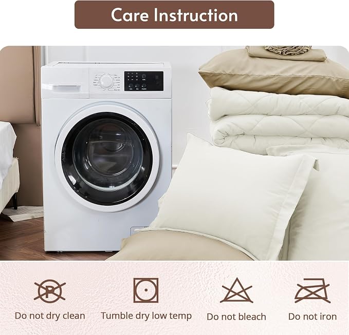 7 Pieces King Comforter Set, Reversible Bed in a Bag King Size, All Season Bedding Set with Comforter, Flat Sheet, Fitted Sheet, Pillowcases & Shams, Ivory & Khaki