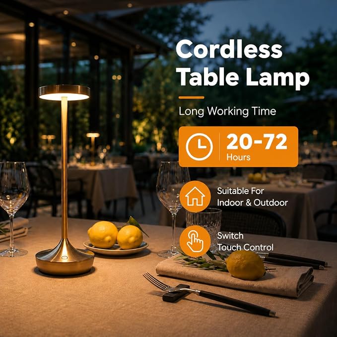 Cordless LED Table Lamps, Rechargeable 6000mAh, 72H Runtime, Waterproof | Stepless Touch Dimming with 3 Color Modes & Memory Function for the Perfect Ambiance at Home, Restaurants & Patios (Bronze)