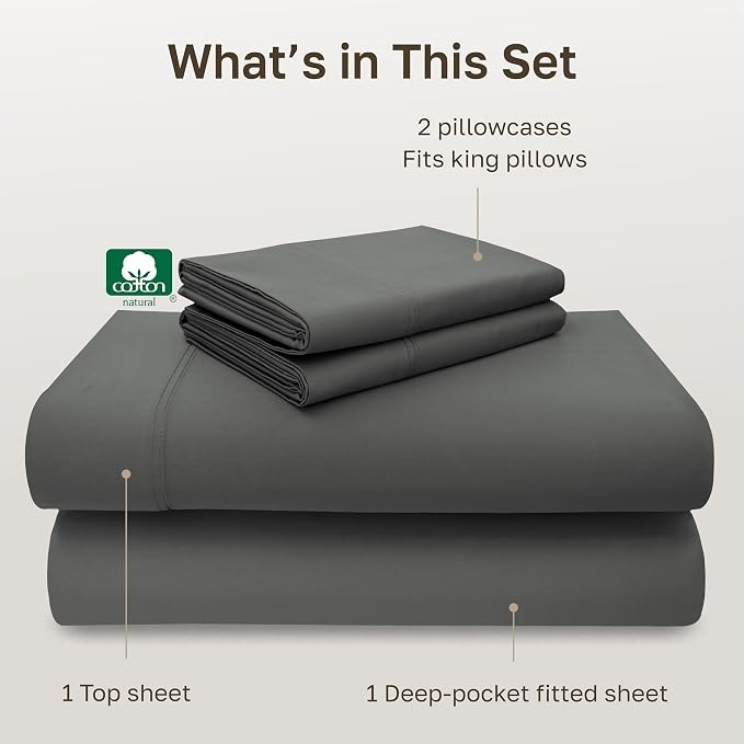 California Design Den Luxury 600 Thread Count King Bed Sheets Set,Dark Grey | 100% Cotton Sateen Backed by Good Housekeeping Seal, Soft & Smooth, 16" Deep Pocket, All-Around Elastic, Durable, Easy Care