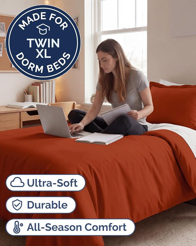 Duvet Cover Twin/Twin XL - 2 Piece with Zipper Closure - Terracotta | Extra Soft, Breathable, Twin/Twin XL Duvet Cover 68" x 90" w/ 1 Pillow Sham, Zipper Closures & Ties, Women, Men, Kids & Teens