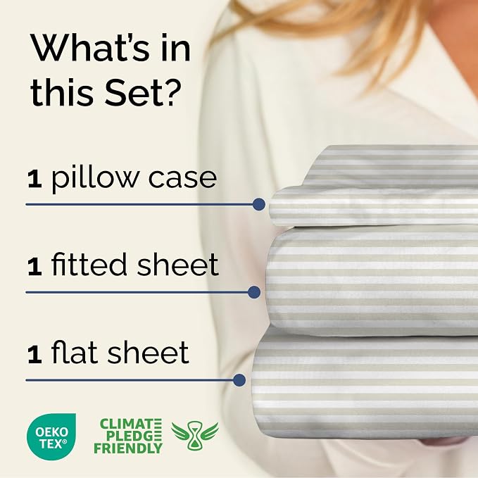 Twin 3 Piece Striped Sheet Set - Breathable & Cooling - Grey Pinstripes | 1 Flat, 1 Fitted & 1 Pillowcase w/ Deep Pockets, Luxury Striped Bedding, Soft, Breathable & Cooling, Wrinkle & Fade Free