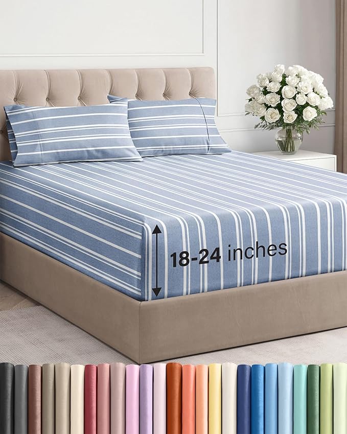 Extra Deep King Sheet Set - 4 Piece Breathable & Cooling - Blue Stripes | Easily Fits 18 to 24 inch Mattress - Ultra Soft, Wrinkle & Fade Free with Extra Deep Pockets - Comfy Hotel Luxury Bedding
