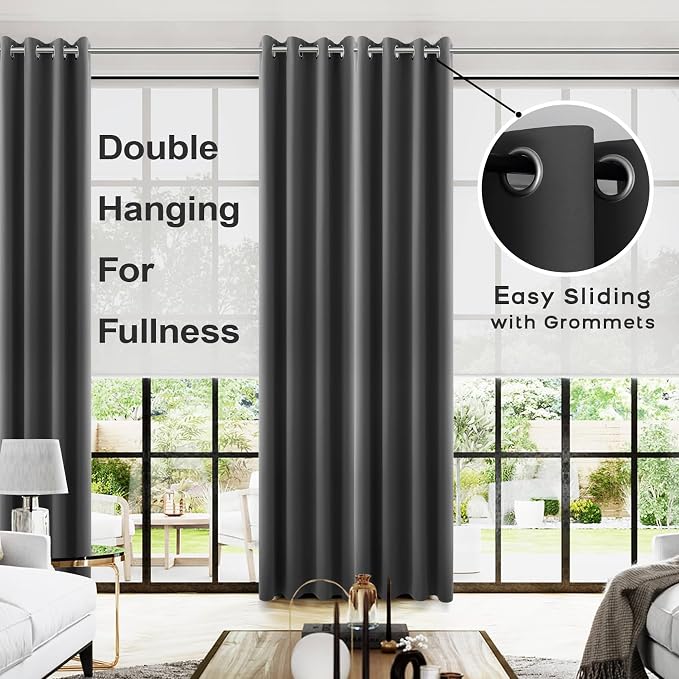 2 Panels 96 Inches Long Dark Gray/Grey Blackout Curtains for Office Living Room,Sun Heat Blocking Darkening Studio Apartment Divider Drapes Grommet Curtains for Residence Measurements,Charcoal