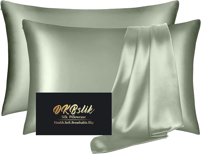 Silk Pillowcase 2 Pack, Natural Mulberry Silk Pillow Case, Anti Acne Silk Pillowcase for Hair and Skin, King Size Silk Satin Pillowcase Set of 2 with Hidden Zipper, Gifts for Women Men, Sage Green