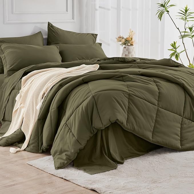 JOLLYVOGUE Queen Comforter Set, Ultra-Soft Bed in a Bag Queen Size 7 Pieces, Oeko-TEX Certified Bedding Set with Down Alternative Comforter, Sheets, Pillowcases & Shams, Olive Green