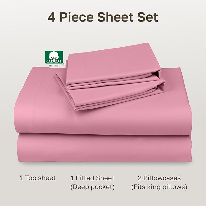 Soft Natural 100% Cotton Sateen King Sheets Deep Pocket, 4 Pcs, Doll Pink | Backed by Good Housekeeping Seal, Light & Breathable For Hot Sleepers, 14" Deep Pocket Set, All-Around Elastic, Durable