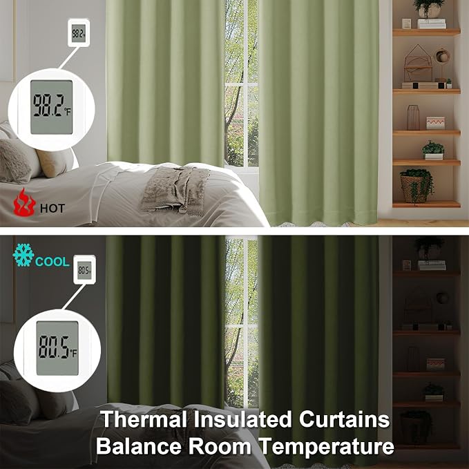 Simplebrand Ava Sage Green Blackout Curtains for Patio 108 Inches Long 2 Panels Set, Solid Thermal Insulated Room Darkening Rod Pocket Window Treatment Curtains Blackout Drapes, W50 x L108 Inch