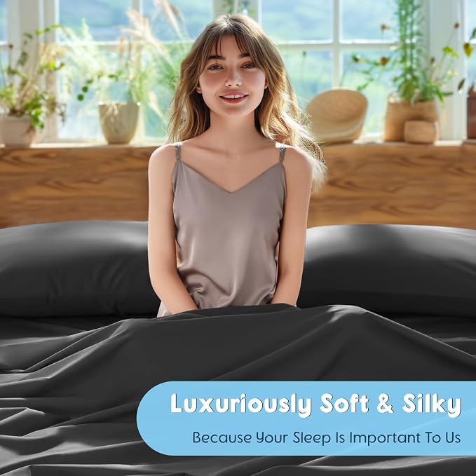 SONORO KATE 1000 Series 100% Egyptian Cotton Cal King Sheet Set,4 Pieces | Soft,Breathable Long Staple,Sateen Weave,Luxury 5-Star Hotel Bed Sheets,16" Deep Pocket,Black