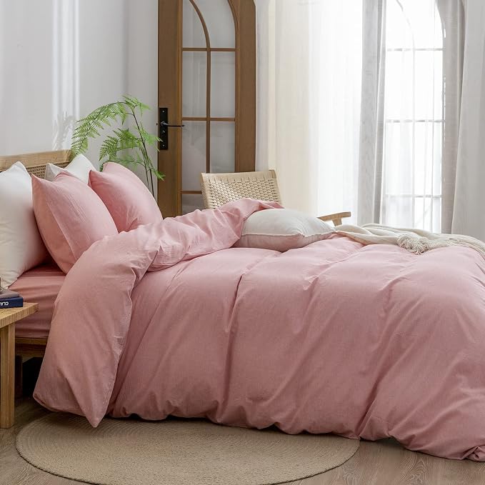 BESTOUCH Cotton Solid Duvet Cover Set Linen Feel Red Pink Twin | 100% Washed Cotton, Soft Wrinkle Texture, Hidden Zipper, 8 Ties, Breathable Lightweight Durable Comfy, 2 Pcs No Insert