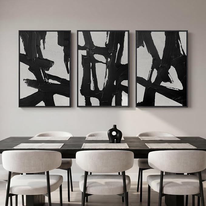 Large Framed Black and White Abstract Wall Art for Living Room, 24x36 Inch | Modern Paintings, Minimalist Pictures, Black White Artwork, Canvas Prints, Wood Frames, Bedroom Office Hallway Wall Decor