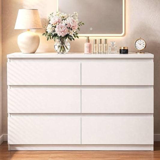 6 Drawer Double Dresser for Bedroom, Modern Simply Chest of Drawers, Wood Storage Dresser with Anti-Tipping for Living Room Hallway Entryway, Nursy White (15.3" D x 47.2" W x 32.3" H)