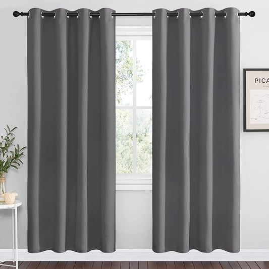 NICETOWN Gray Blackout Curtains for Bedroom 55" Wide x 78" Long 2 Panels | 3 Pass Microfiber Noise Reducing Thermal Insulated Solid Ring Top Window Drapes, Light Blocking Kitchen Living Room Decor