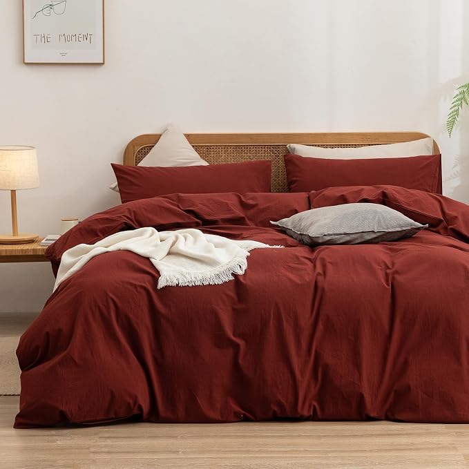 BESTOUCH Cotton Solid Duvet Cover Set Fired Brick Red Oversized Full | 100% Washed Cotton, Soft Wrinkle Texture, Hidden Zipper, 8 Ties, Breathable Lightweight Durable Comfy, 3 Pcs No Insert