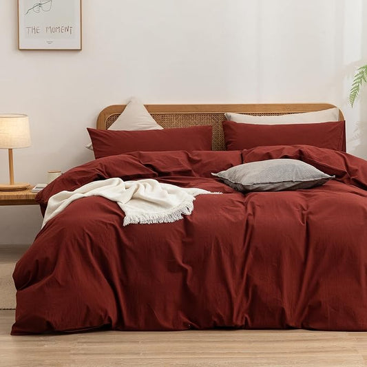 BESTOUCH Cotton Solid Duvet Cover Set Fired Brick Red Alaska King | 100% Washed Cotton, Soft Wrinkle Texture, Hidden Zipper, 8 Ties, Breathable Lightweight Durable Comfy, 3 Pcs No Insert