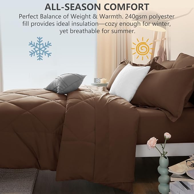 Super King Plus Comforter Set Brown - 7 Pieces Bed in a Bag | OEKO-TEX Certified, All Season, 240GSM Down-Alternative Comforter, Sheets, Pillowcases & Shams, 14" Deep Pocket, Easy Care