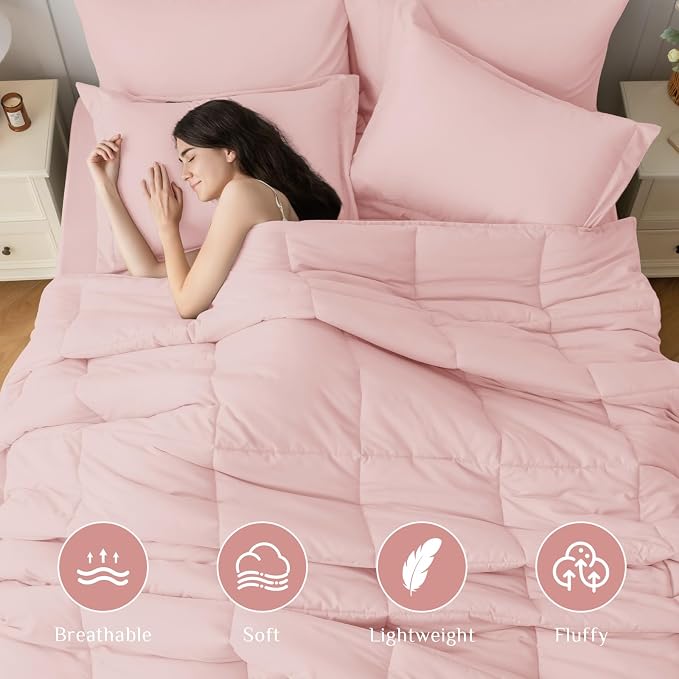 JOLLYVOGUE King Comforter Set, Ultra-Soft Bed in a Bag King Size 7 Pieces, Oeko-TEX Certified Bedding Set with Down Alternative Comforter, Sheets, Pillowcases & Shams, Blush Pink