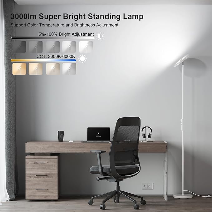 SUNMORY Floor Lamps for Living Room，LED Standing Lamp with Remote Control | 32W/3000LM Super Bright, 69" Tall Floor Lamp with Stepless Dimmable, Modern Torchiere Corner Lamp for Bedroom, Office White