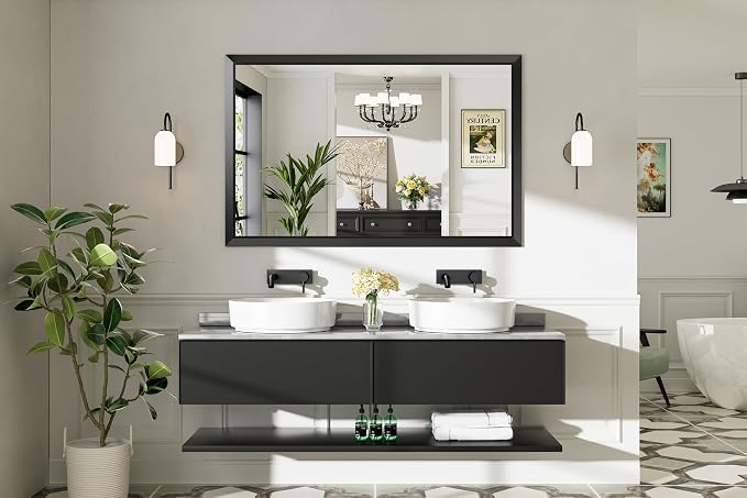 Black Metal Framed Bathroom Wall Mirror, 55x36 Inch | Anti-rust, HD tempered glass, for bathroom vanity, bedroom, living room, horizontal or vertical mount