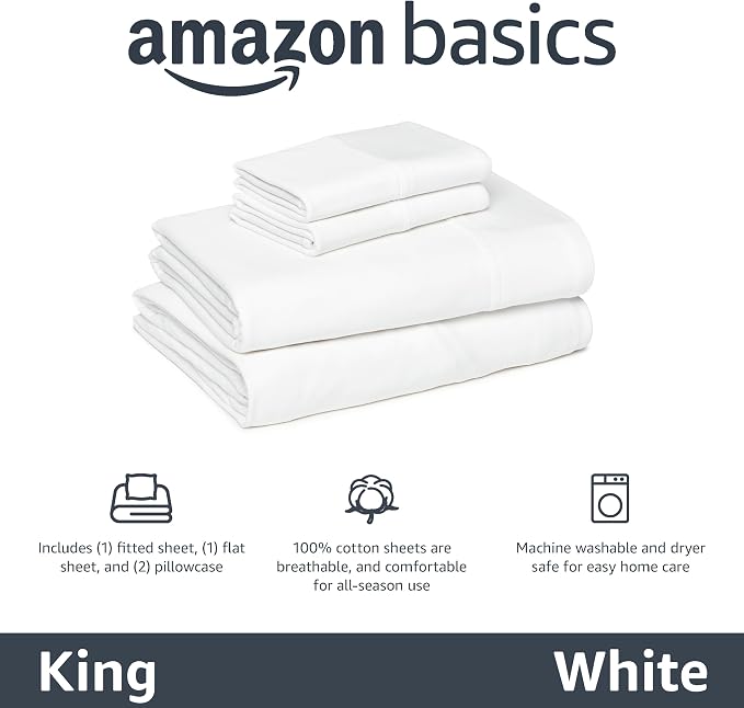 Amazon Basics 100% Cotton Jersey Bed Sheet Set, Breathable, Machine Washable, All-Season, King, White, Solid