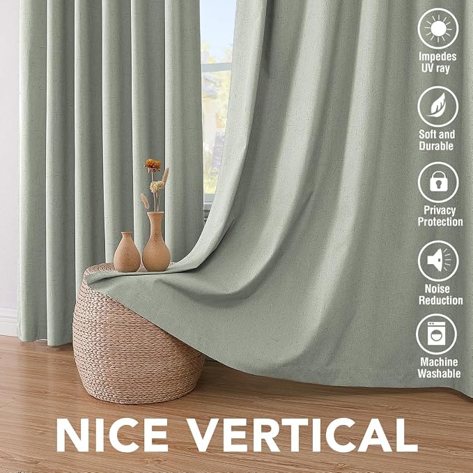 H.VERSAILTEX Blackout Curtains Linen Curtains 120 inches Long 100% Black Out Curtains for Bedroom Windows, Textured Linen Look Draperies Grommet with White Liner, 2 Panels, Sage