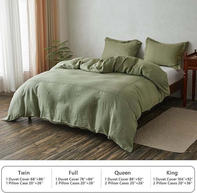 Simple&Opulence 100% Washed Linen Duvet Cover Set 68"x86" - 2 Pieces Soft Farmhouse Comforter Set Double Embroidered with Button Closure - 1 Duvet Cover and 1 Pillowsham (Sage Green, Twin)
