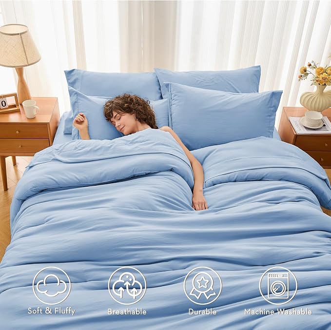 7 Pieces Full Comforter Set, Soft Bed in a Bag Full Size, All Season Bedding Set with Comforter, Flat Sheet, Fitted Sheet, Pillowcases & Shams, Greyish Blue