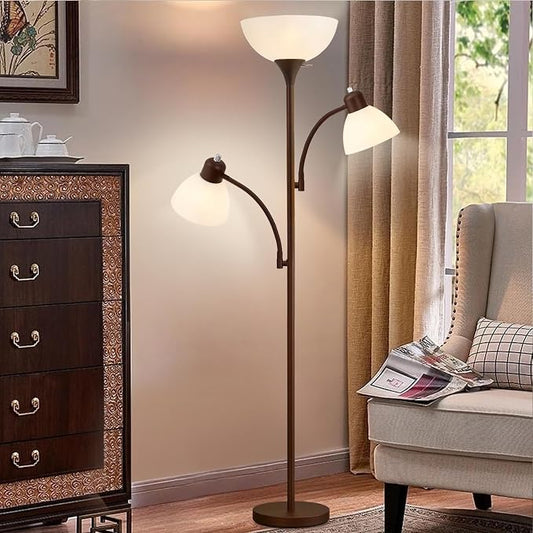 Luvkczc Floor Lamps for Living Room, 72" Tall Standing Lamp, Torchiere Lamp | with 2 Reading Lamps, Industrial Bright Floor Lamp for Bedroom, Office, Dresser, Brown Lamps, 3 LED Bulbs Included