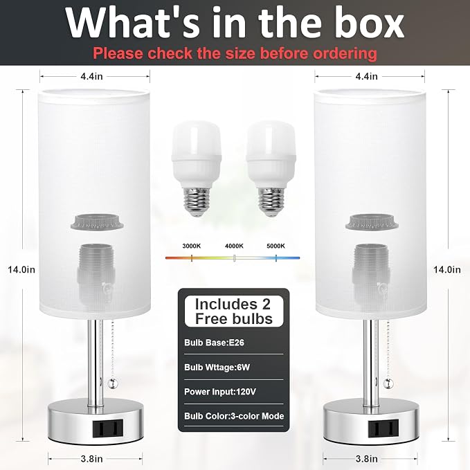 Silver Bedside Table Lamps Set of 2 - Bedroom Lamp for Desk, AC Outlet | 3CCT(3000K/4000K/5000K), LED Bulbs Included, White Fabric Lampshade, 14in Small Lamp for Nightstand, Guest Room, Living Room