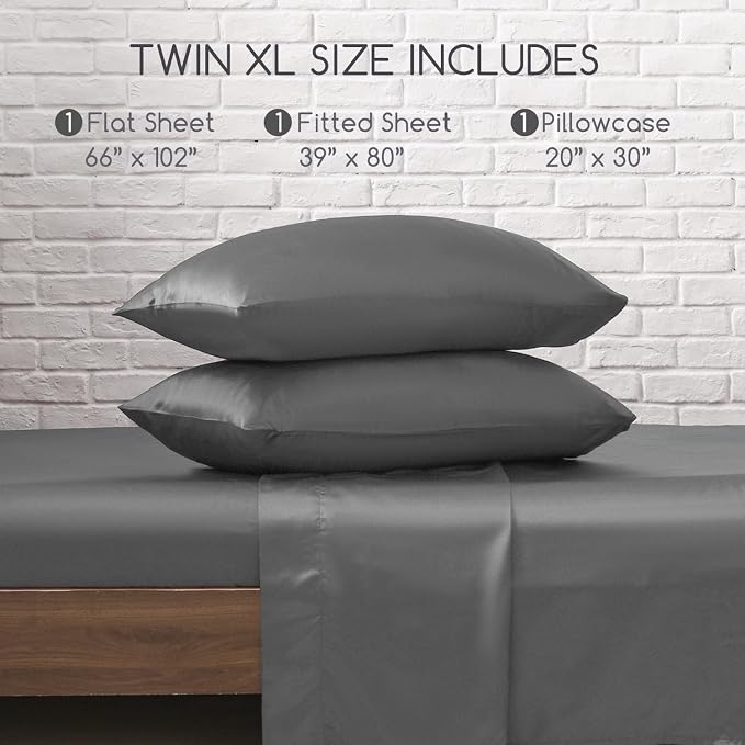MR&HM Satin Sheets Twin XL Size with Elastic Corner Straps, Dark Grey | Similar to Silk, 3-Piece Silky Soft Bed Sheet Set, Gentle on Skin and Hair, 15" Deep Pocket, Cooling & Breathable