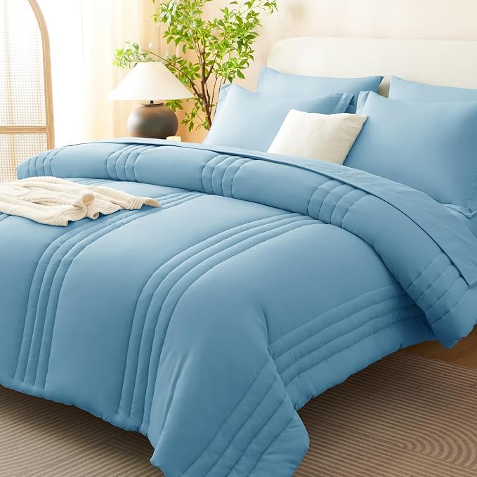 King Size Comforter Set Aqua Blue- 7 Pieces Bed in a Bag | OEKO-TEX Certified, 240GSM Down-Alternative Comforter, 14" Deep-Pocket Sheets, Shams & Pillowcases, Lightweight