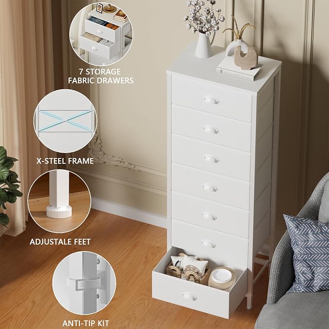 Furnulem White Tall Dresser for Bedroom, Chest of Drawer with Fabric Drawer | Tall Skinny Dresser with 7 Drawers, Metal Frame, Wooden Top, Dorm Vertical Closet, Bedside Furniture in Living Room
