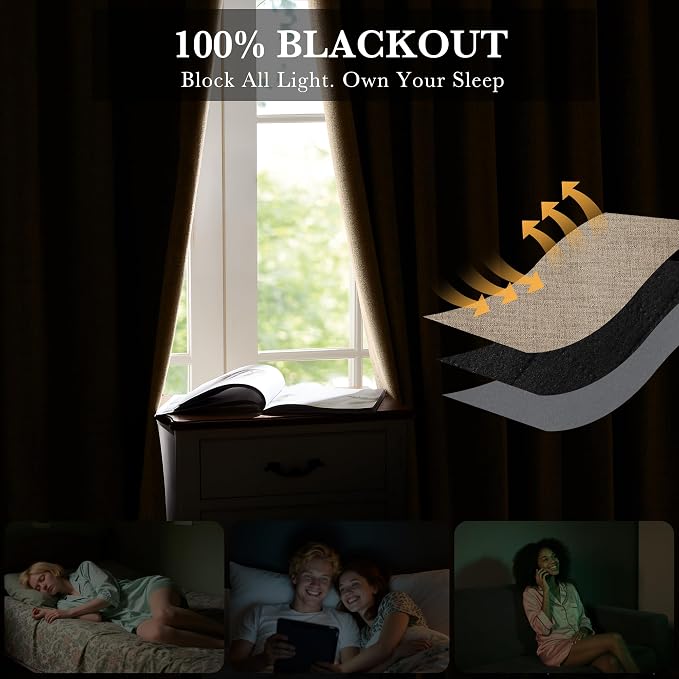 RYB HOME Burlap 100% Blackout Curtains 63 Inch Long for Bedroom Bedroom | Back Tab Rod Pocket, Thermal Insulated Light Blocking, for Nursery Boys Room Kids Room Living Room, W52 x L63, 2 Panels