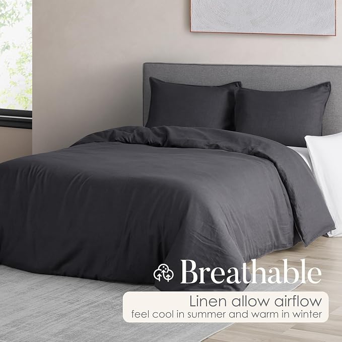 DAPU 100% French Linen Duvet Cover 3Pcs Set, 170GSM Linen Bedding, Full/Queen