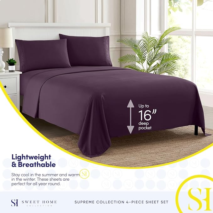 Split King Sheets - Breathable Luxury Sheets with Full Elastic & Secure Corner Straps Built In - 1800 Supreme Collection Extra Soft Deep Pocket Bedding Set, Sheet Set, Split King Size, Purple