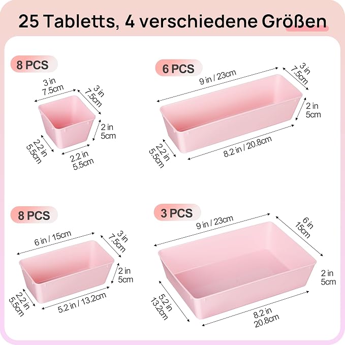 Vtopmart 25 Pack Plastic Drawer Organizers with Non-slip Rubber Pads | 4-Size Versatile Makeup Organizer, Storage Containers Small Bins for Makeup, Jewelries, Bedroom, Kitchen Utensils and Office