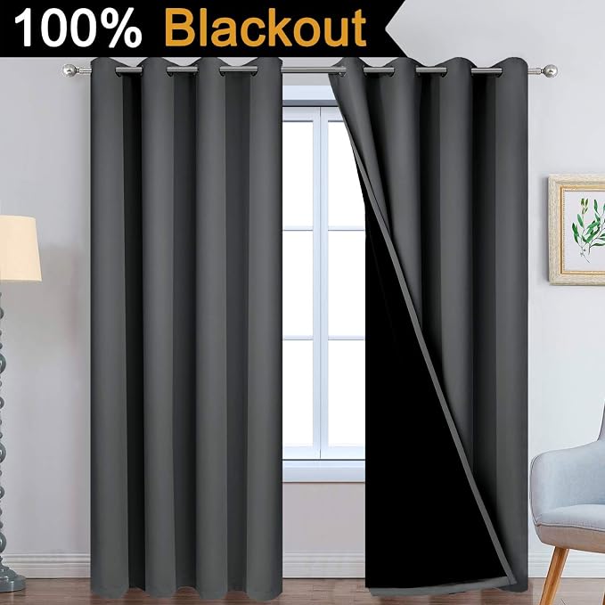 Yakamok Dark Grey 100% Blackout Curtains 90 Inches Long 52" Wide 2 Panels | Blackout Curtain Panels for Bedroom, 2 Thick Layers Grommet Top Thermal Insulated Drapes with Black Liner for Living Room