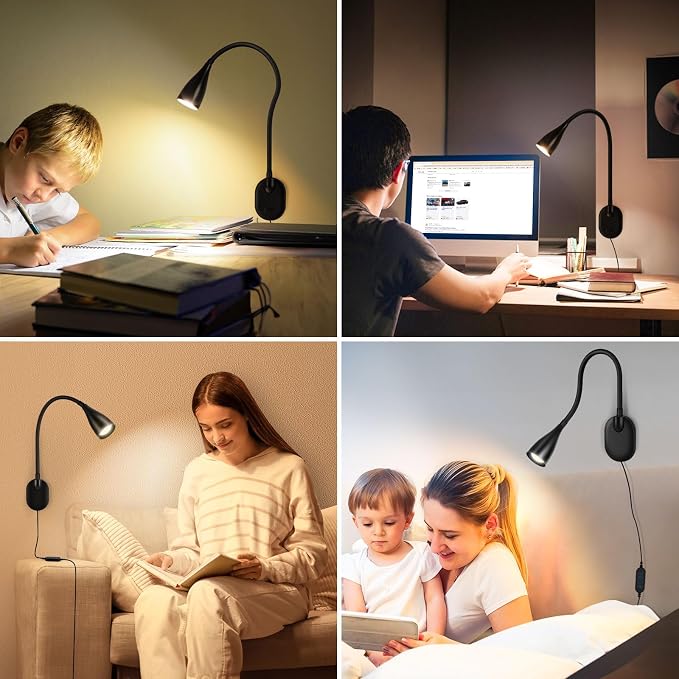 LiFMIRA Wall-Mounted LED Bedside Reading Light USB Charging Port Black | 10-Level Dimmable & Adjustable 5 Color, Plug-in Adhesive Night Lamp for Books in Bed, Eye-Caring Bedroom Lighting
