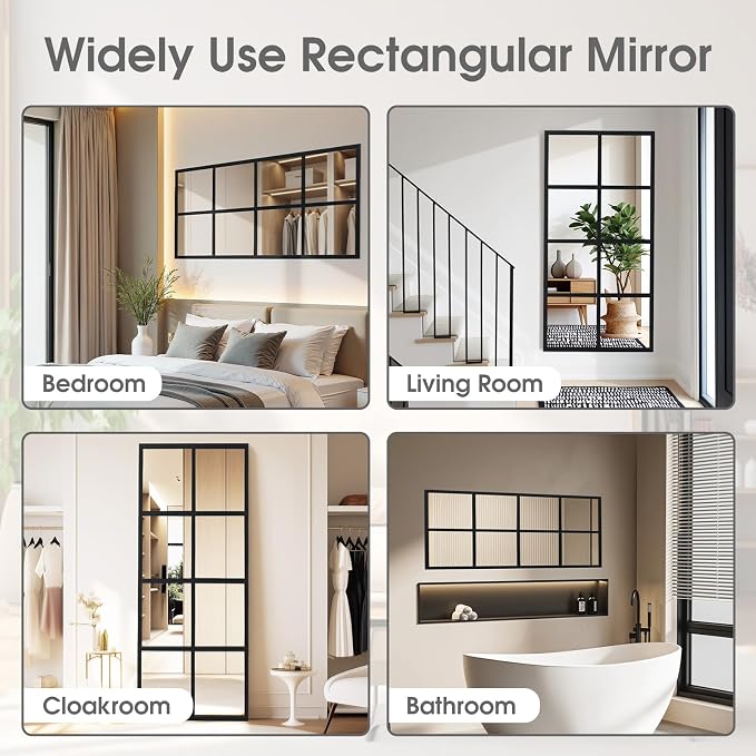DUMOS Wall Mirrors 16" x 32", Set of 2 Rectangle Window Pane Decorative Mirrors, Black Metal Framed Wall Mounted Mirror for Bathroom, Bedroom, Entryway