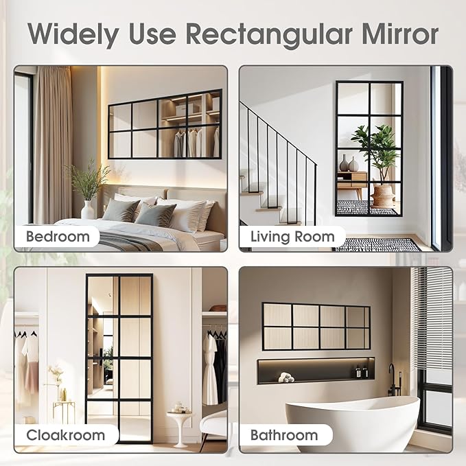 DUMOS Window Pane Wall Mirror, 16x32 Inch Black Framed Mirrors for Wall Decor Living Room, Black Metal Framed Big Square Mirror for Bathroom, Bedroom, Entryway