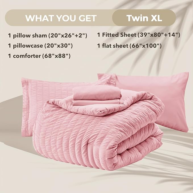 HYMOKEGE Pink Twin XL Comforter Set Seersucker 5 Pieces, All Season Luxury Bed in a Bag for Bedroom, Bedding Set with Comforter, Sheets, Pillowcase & Sham
