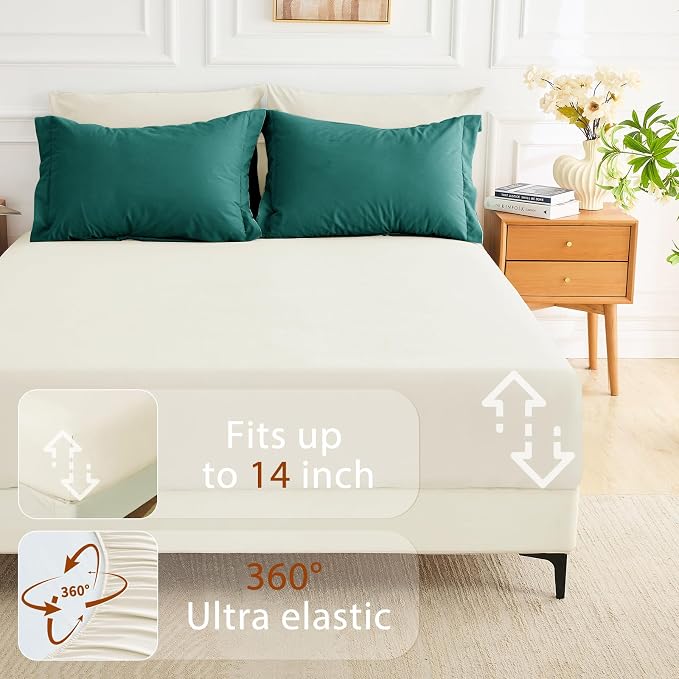 7 Pieces King Comforter Set, Soft Bed in a Bag King Size, All Season Bedding Set with Comforter, Flat Sheet, Fitted Sheet, Pillowcases & Shams, Peacock Blue & Ivory