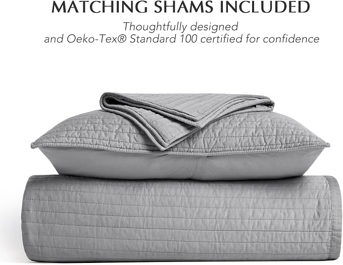 EVERGRACEHOME Cotton Sateen Quilt Set, King Size, Fog Gray | 100% Cotton, Channel Stitch Coverlet Bedspread, Pre-Washed Lightweight Soft Bedding Set for All Season, 3 Piece, with 2 Shams