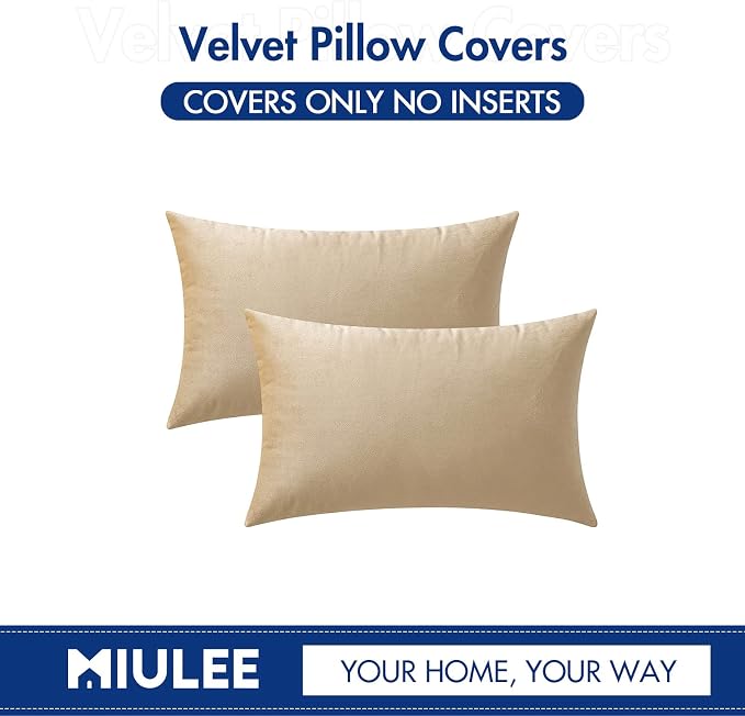MIULEE 12x20 Inch Lumbar Velvet Throw Pillow Covers Beige | Pack of 2 Soft Solid Decorative Pillow Covers, Modern Luxury Home Decor, for Chair Couch Sofa Bedroom Livingroom