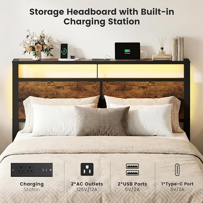 Queen Size Bed Frame with LED Lights and USB Type C Charging Headboard | Brown Metal Platform Bed, Charging Station, Storage Shelf, Noise Free, No Box Spring Needed