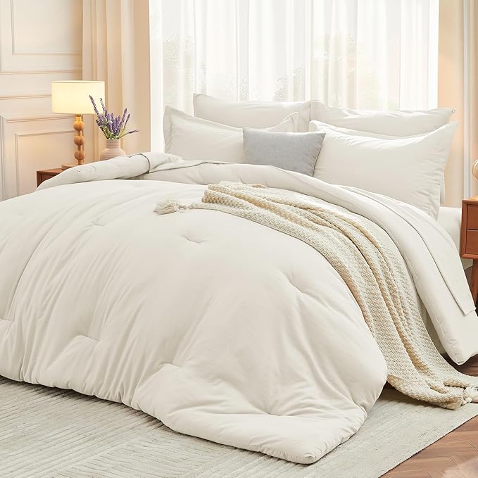 7 Pieces Oversized Queen Comforter Set, Soft Bed in a Bag Oversized Queen Size, All Season Bedding Set with Comforter, Flat Sheet, Fitted Sheet, Pillowcases & Shams, Ivory