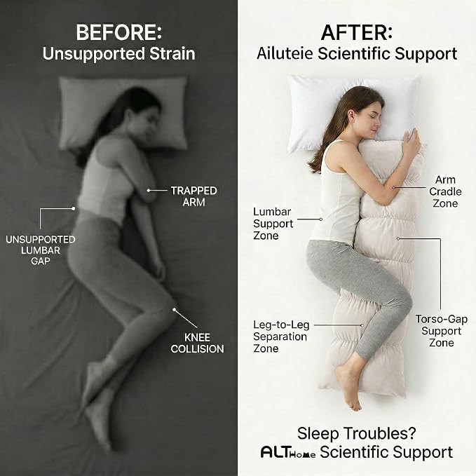 Pat. Pend. Long Bed Pillow for Side Sleepers, 47 Inch, Misty White | Segmented full body pillow for adults with a removable, washable soft velvet cover; long bed pillow for comfortable sleeping.