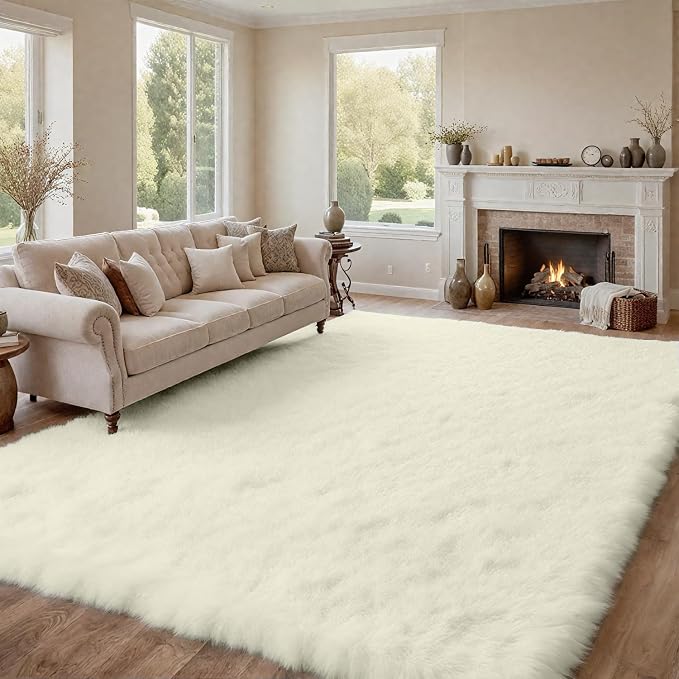 8x10 Fluffy Shag Area Rugs for Living Room Bedroom: Soft Carpet Cream White | Upgraded Non-Slip Thick Memory Foam, Ultra Soft, Non-Shedding Fuzzy Carpet, Easy Clean Decor for Kids Room, Nursery, Playroom