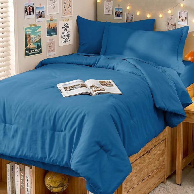 5 Pieces Twin XL Comforter Set, Soft Bed in a Bag Twin XL Size, All Season Bedding Set with Comforter, Flat Sheet, Fitted Sheet, Pillowcases & Shams, Bluish Green