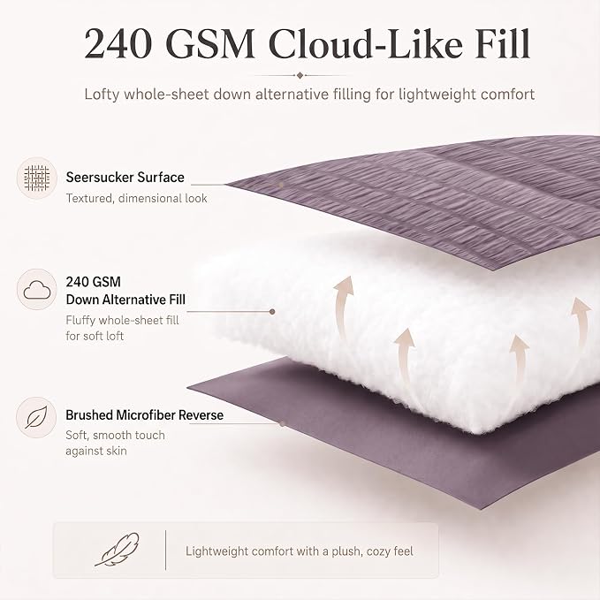 Queen Comforter Set, 7 Pieces Dusty Purple Seersucker Bed in a Bag | OEKO-TEX Certified, All Season Bedding Set with 240 GSM Down Alternative Comforter, Flat & Fitted Sheets, Pillowcases & Shams